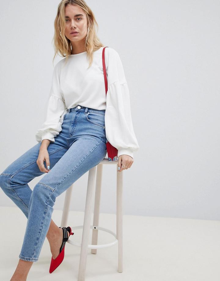 Asos Design Farleigh High Waist Slim Mom Jeans In Mid Wash With Knee Seam Detail-blue