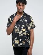 Asos Viscose Shirt In Floral Print With Revere Collar In Oversized Fit - Black