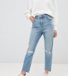 Asos Design Petite Farleigh High Waist Slim Mom Jeans In Light Vintage Wash With Busted Knee And Rip & Repair Detail - Blue