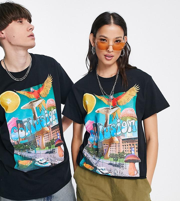 Collusion Unisex Mushroom City T-shirt-black