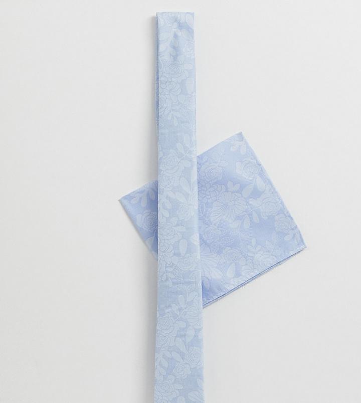 Asos Design Wedding Slim Tie & Floral Pocket Square In Blue