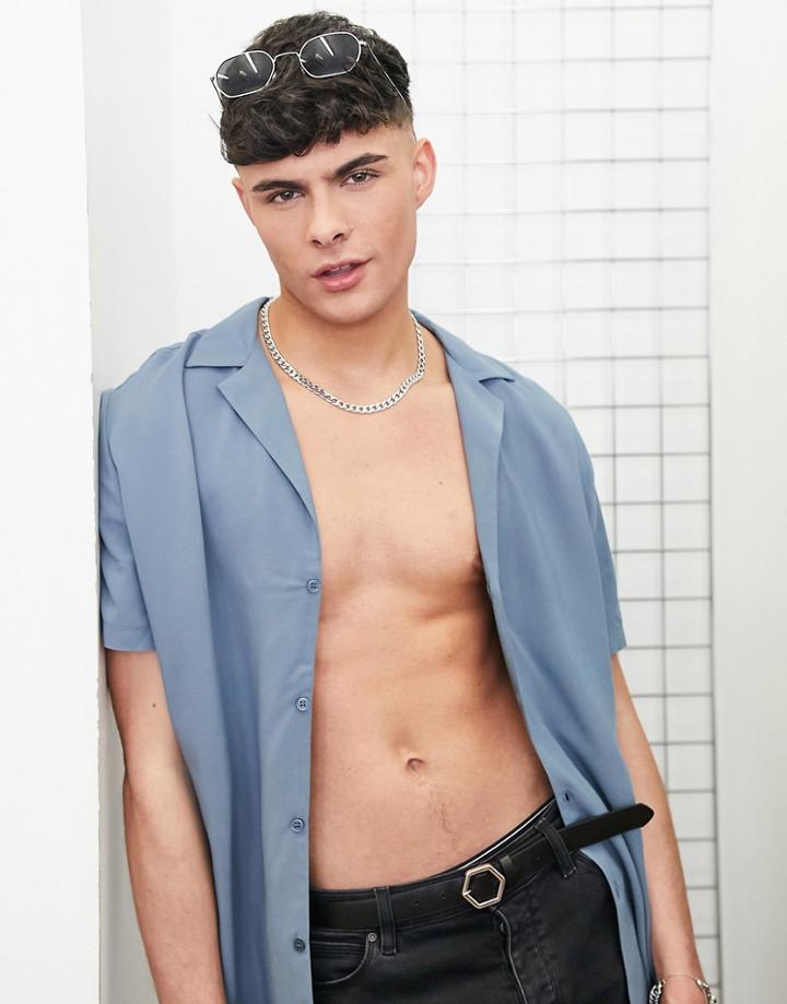 Topman Viscose Shirt With Deep Revere In Blue