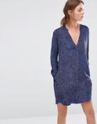 See U Soon Shift Dress With V Neck In Leaf Print - Blue