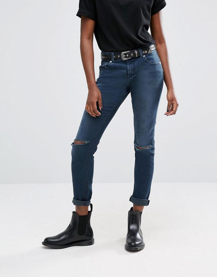 Asos Kimmi Shrunken Boyfriend Jeans In Grace Dark Stonewash With Rips - Blue