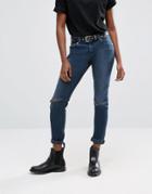 Asos Kimmi Shrunken Boyfriend Jeans In Grace Dark Stonewash With Rips - Blue