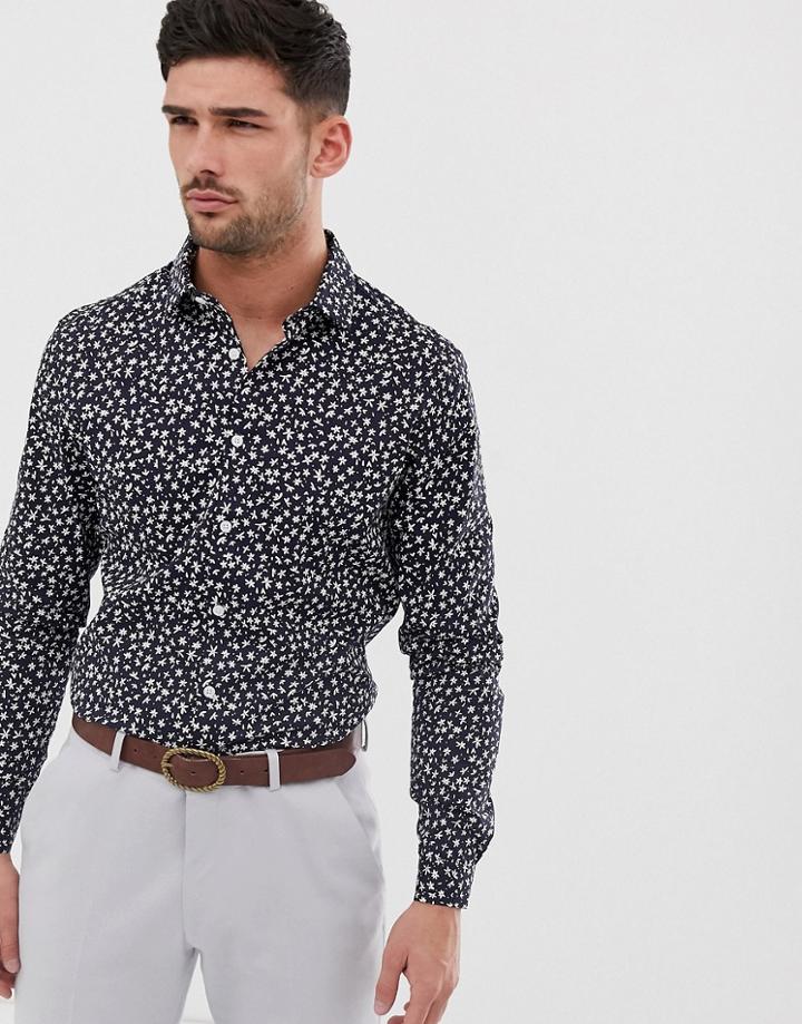 Asos Design Stretch Slim Smart Shirt In Navy - Navy