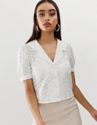 Fashion Union Short Sleeved Blouse In Broderie - White
