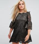 Elvi Allover Lace Off Shoulder Skater Dress With Fluted Sleeve Detail-gold