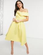 Asos Design Drape Fallen Shoulder Midi Skater Prom Dress In Lemon-yellow