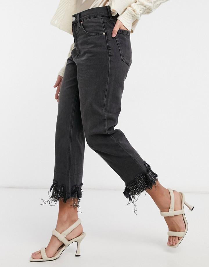 Blue Revival 90s Crop Straight Leg Jeans With Beaded Hem In Faded Black