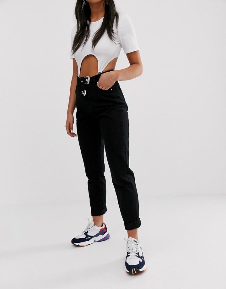 Bershka Mom Fit Pants With Belt In Black - Black