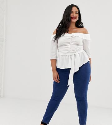 Boohoo Plus Ruched Off The Shoulder Tie Detail Blouse In White - White