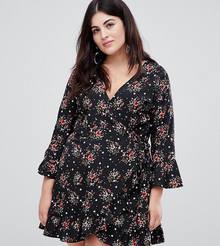 Influence Plus Floral And Star Print Ruffle Detail Wrap Dress - Black