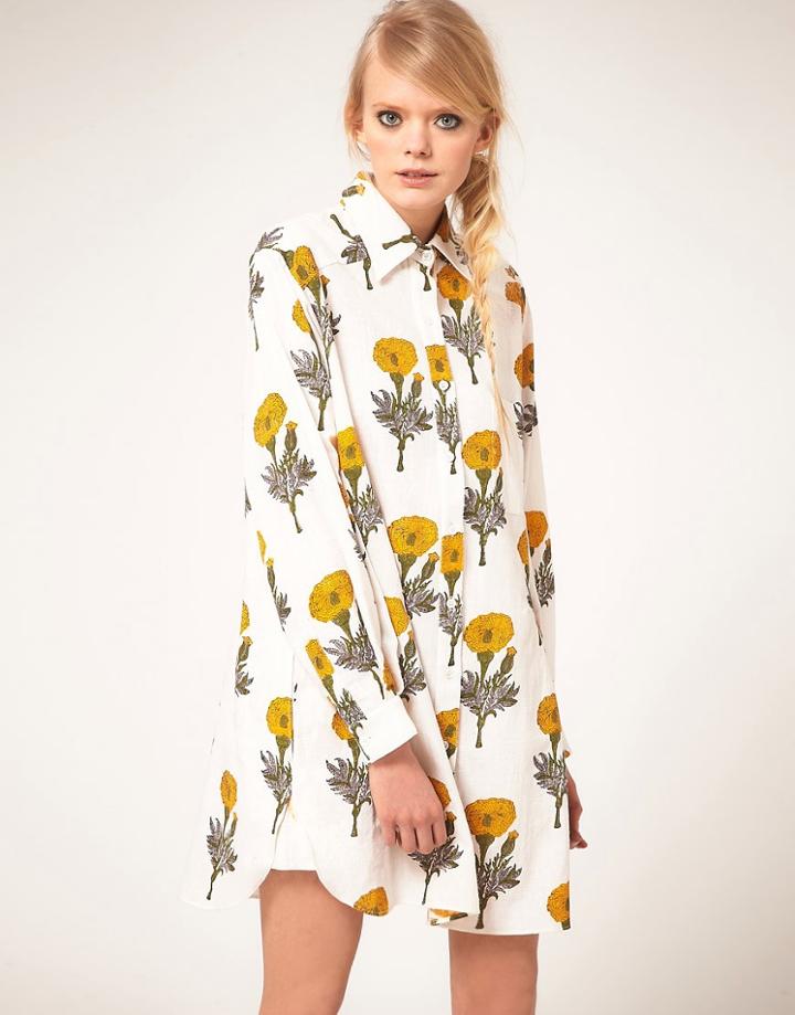 Ashish Shirt Dress In Marigold Print - Cream