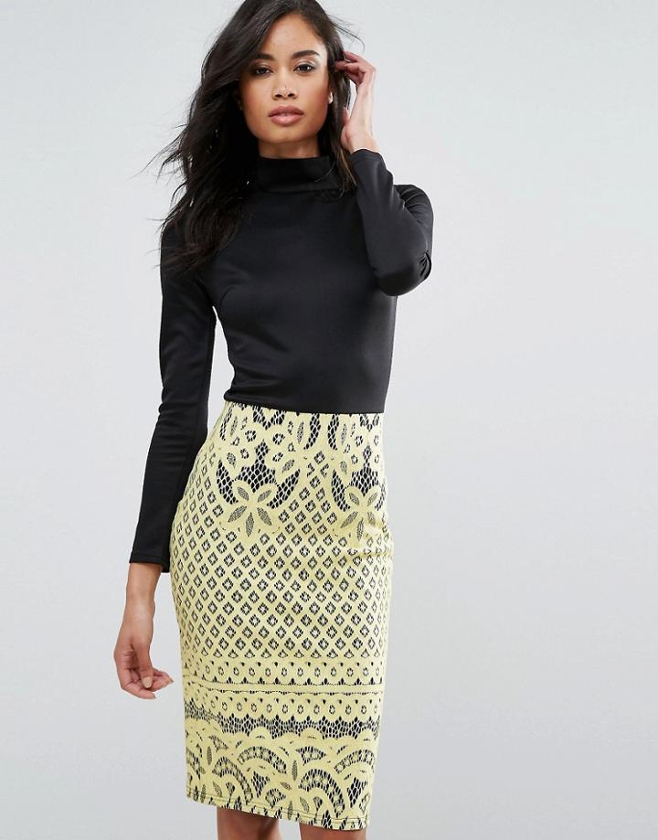 Club L High Neck Detailed Dress With Bonded Lace Skirt - Black