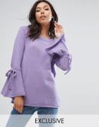 Prettylittlething Longline Flared Tie Up Sleeve Sweater - Purple