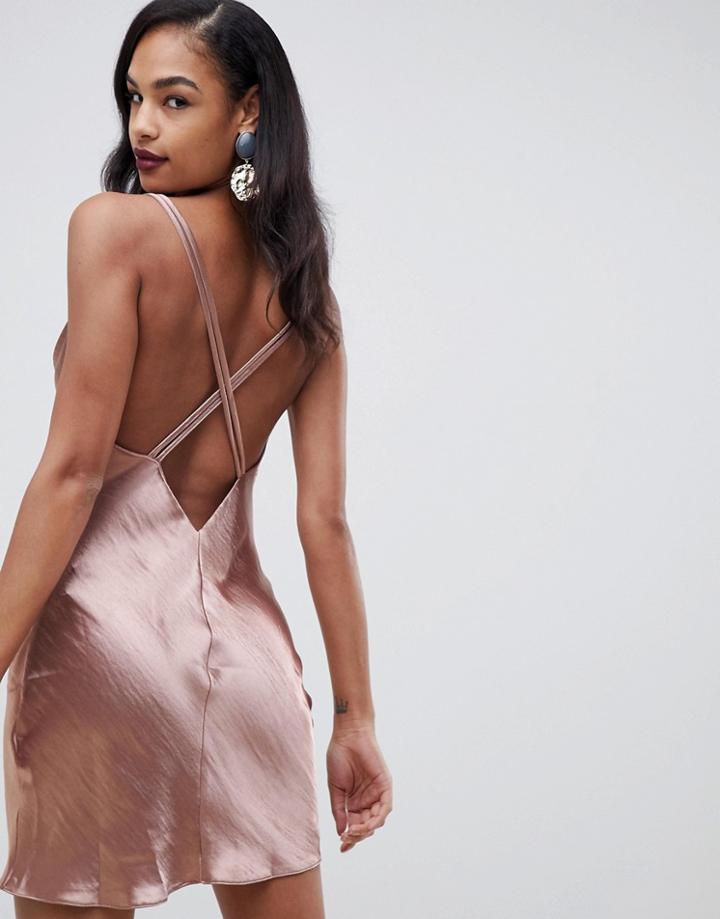 Asos Design Bias Cut Cowl Neck Mini Dress In High Shine Satin - Copper