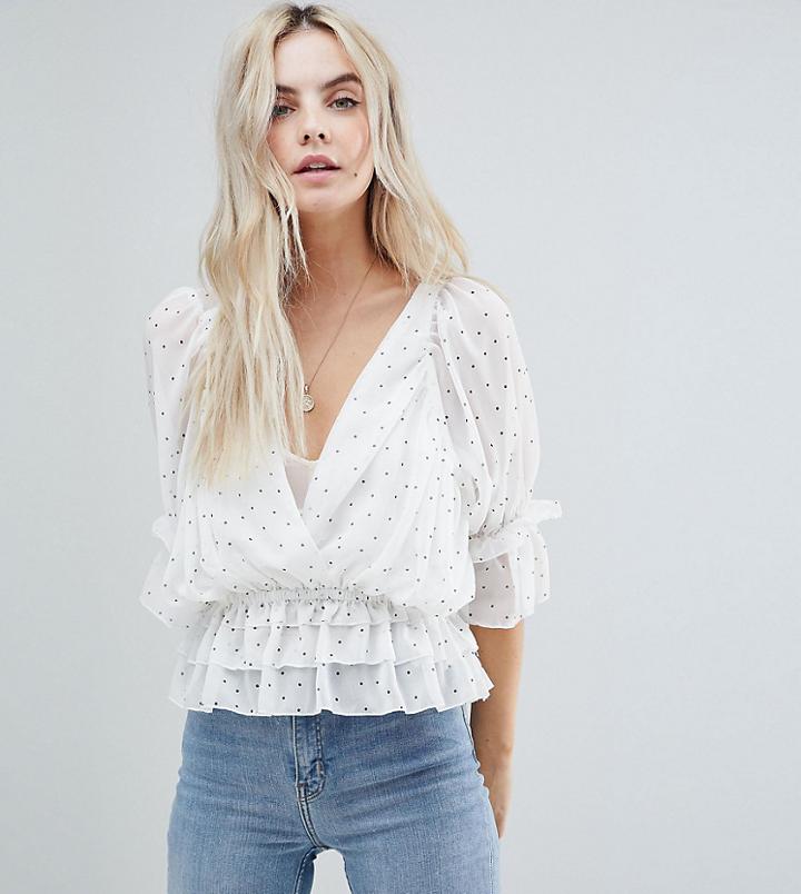 Boohoo Petite Polka Dot Blouse - White