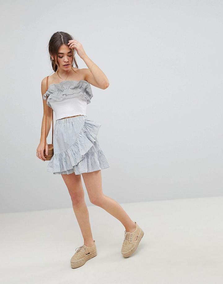Asos Design Cotton Mini Skater Skirt With Wrap Hem In Stripe - Multi