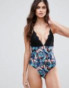 Asos Midnight Floral Lace Trim Plunge Swimsuit - Multi