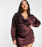 Flounce London Plus Satin Mini Shirt Dress In Midnight Brown-black