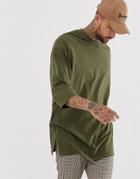 Asos Design Oversized Super Longline T-shirt With 3/4 Sleeve In Khaki - Green