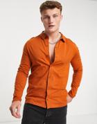 Asos Design Long Sleeve Button Through Jersey Shirt In Brown