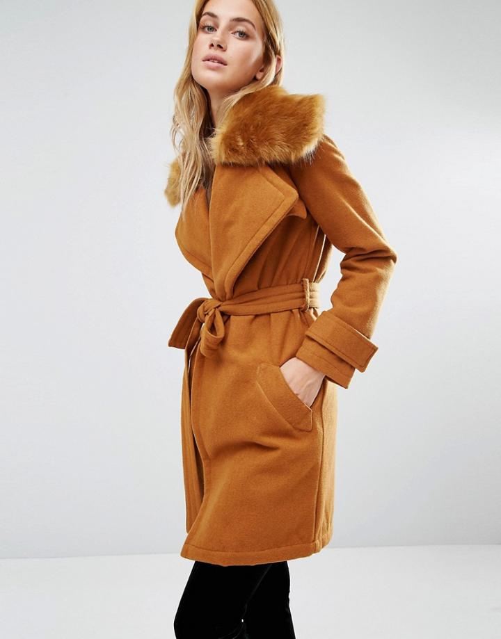 Fashion Union Wrap Coat With Extreme Faux Fur Collar - Brown