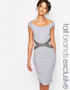 Little Mistress Tall Pencil Dress With Embellished Cutout Waist Detail - Gray