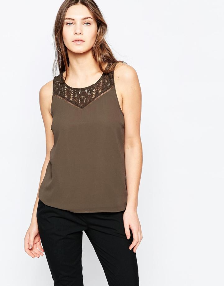 Vila Sleeveless Top With Lace Detail - Black Olive