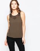 Vila Sleeveless Top With Lace Detail - Black Olive