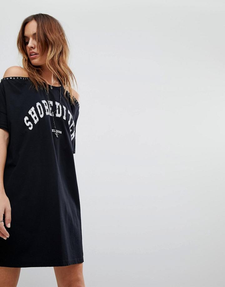Religion Cold Shoulder T-shirt Dress With Sequin Shoreditch - Black
