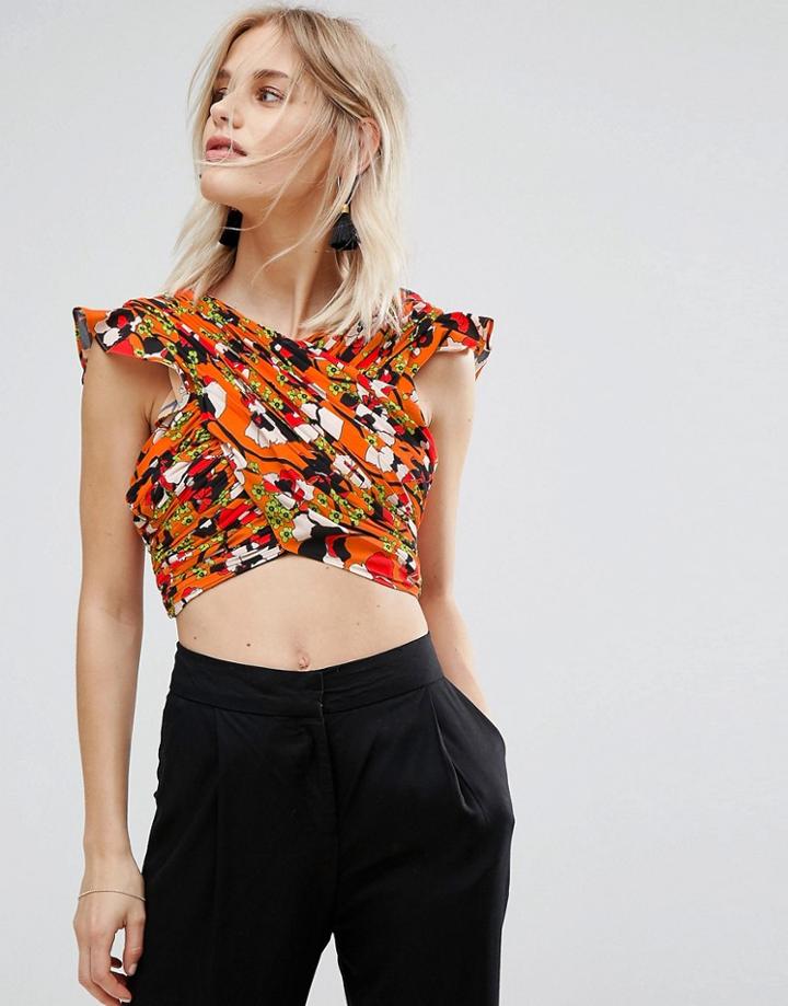 Mango Tropical Print Cross Front Chiffon Crop Top - Multi