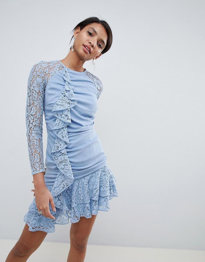 Keepsake Lace Ruffle Mini Dress - Blue