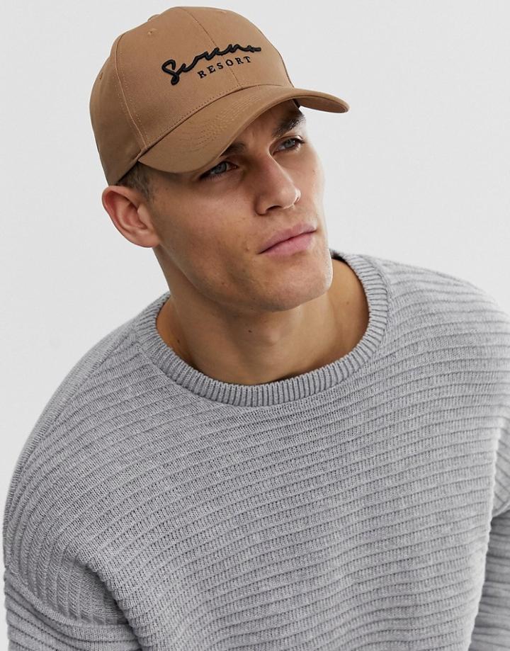 Asos Design Baseball Cap In Camel With Embroidery Detail - Brown
