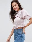 Asos Ruffle Crop Top With High Neck - Gray