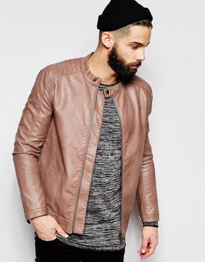 Only & Sons Faux Leather Biker Jacket - Tan