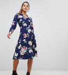 Boohoo Wrap Midi Dress In Blue Floral - Blue