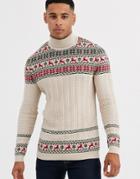 Asos Design Fairisle Sweater In With Stag Design In Oatmeal