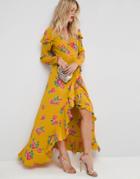 Asos Long Sleeve Wrap Maxi Tea Dress In Bold Floral - Multi