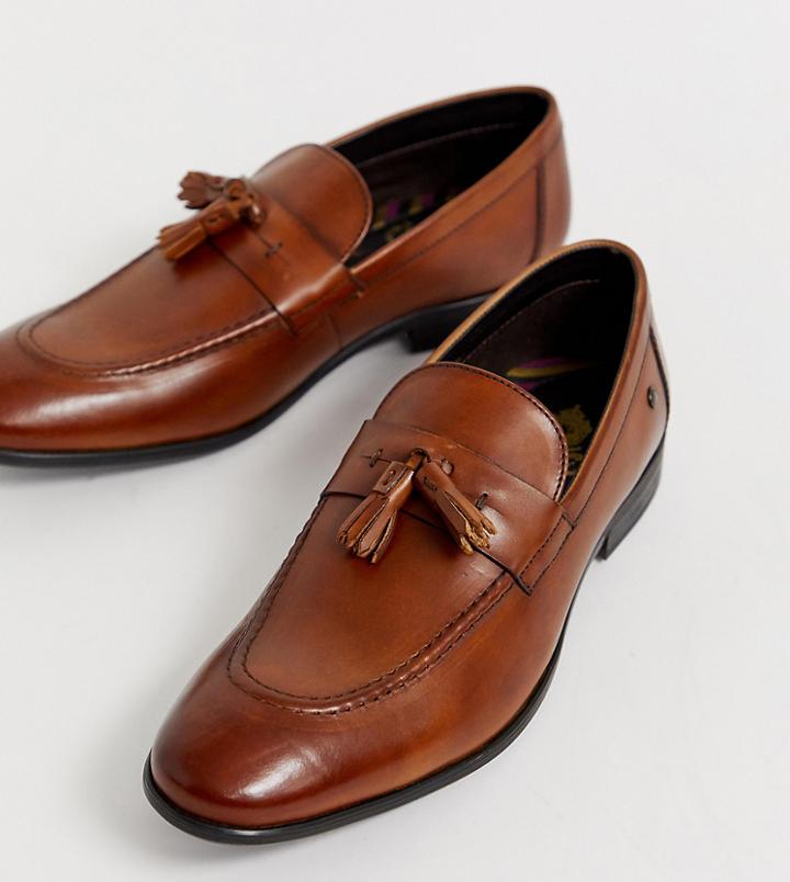 Base London Wide Fit Ritz Tassel Loafers In Tan Leather