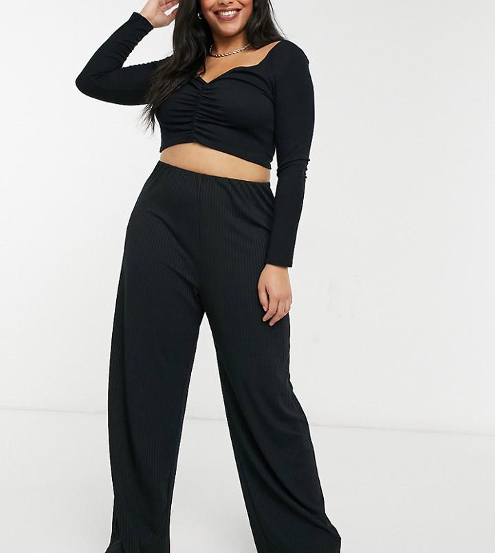 New Look Curve Wide Rib Pants In Black