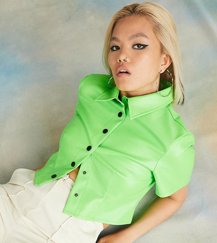 Collusion Boxy Short Sleeve Leather Look Shirt In Green