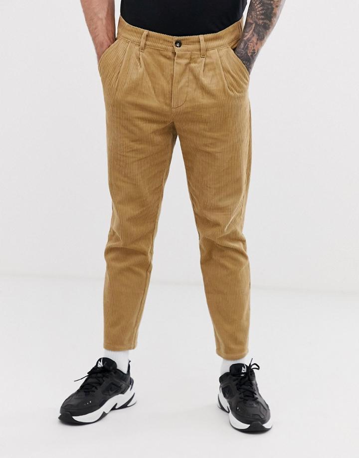 Asos Design Cigarette Pants With Pleats In Cord-brown
