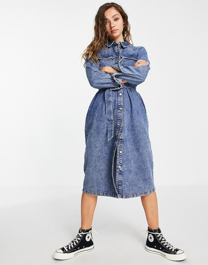 Vero Moda Belted Denim Shirt Dress In Blue-blues
