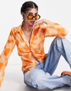 Asos Design Sheer Slim Fit Shirt With Frayed Seams And Ruching In Orange Checkerboard
