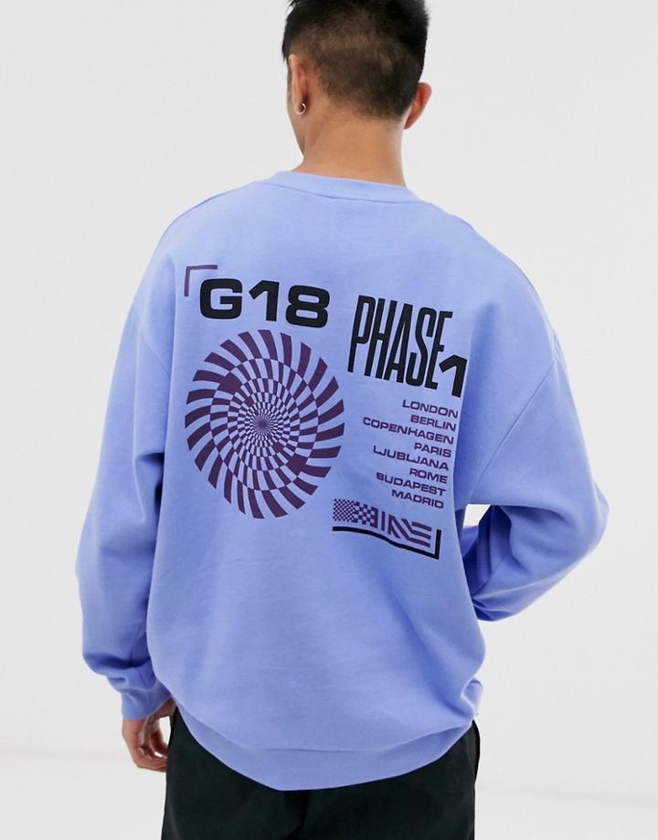 Asos Design Oversized Sweatshirt With City List Back Print In Purple