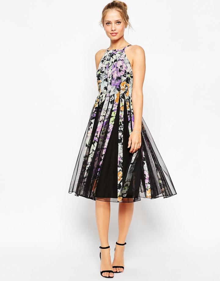 Asos Mesh Fit And Flare Midi Dress In Dark Floral Print - Black