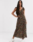 Asos Design Bias Cut Button Front Maxi Dress With Wooden Rings In Floral Print-multi