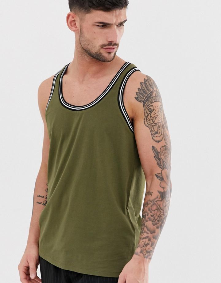 Asos Design Standard Tank With Tipping In Khaki - Green